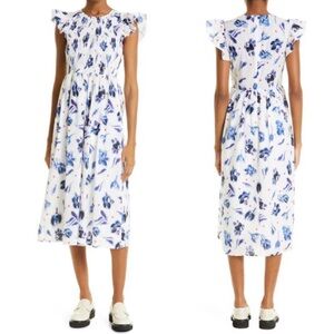 Baum Und Pferdgarten Dress Admore Smocked Blue Floral Midi Sundress Size 38 US 8